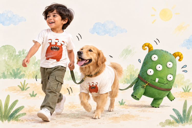 A boy in the I’m Dodo tee with his golden retriever and a big fluffy blue monster in the park