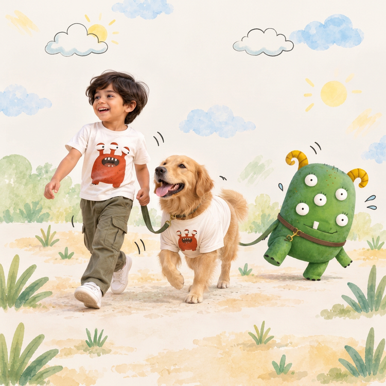 A boy in the I’m Dodo tee with his golden retriever and a big fluffy blue monster in the park