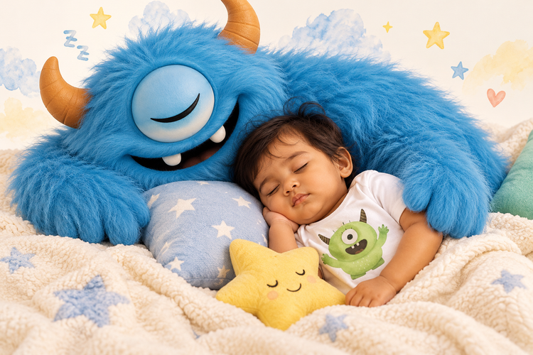 A sleeping baby in a green monster tee, cuddled by a giant fluffy blue monster under a starry blanket