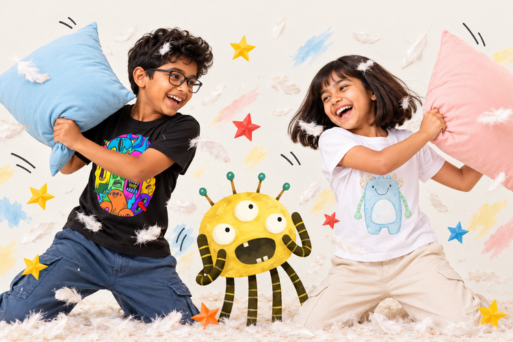 A boy with a skateboard in the I’m Baba tee and a girl in a tutu and the I’m Bloop tee, striking a pose