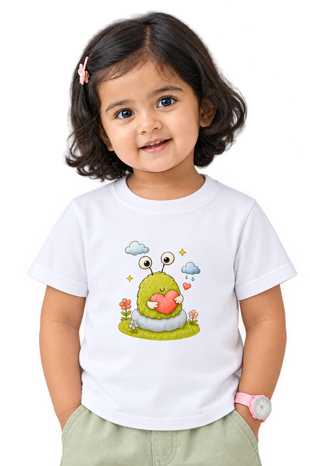 Anaya in the heart monster tee, close-up