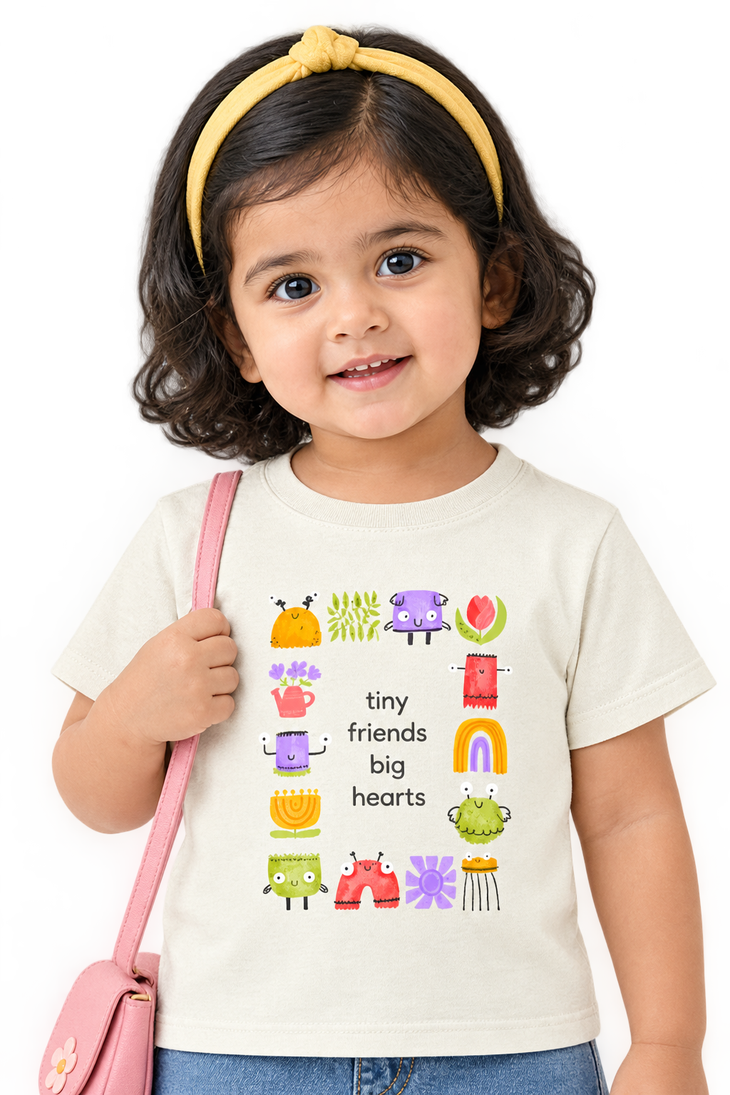 Anaya in the tiny friends tee, close-up