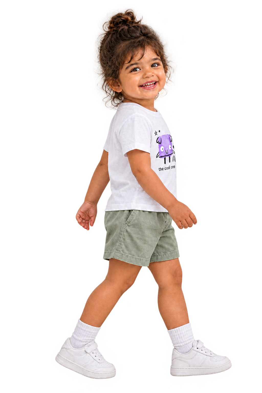 Anaya walking in The cool one tee, no cap