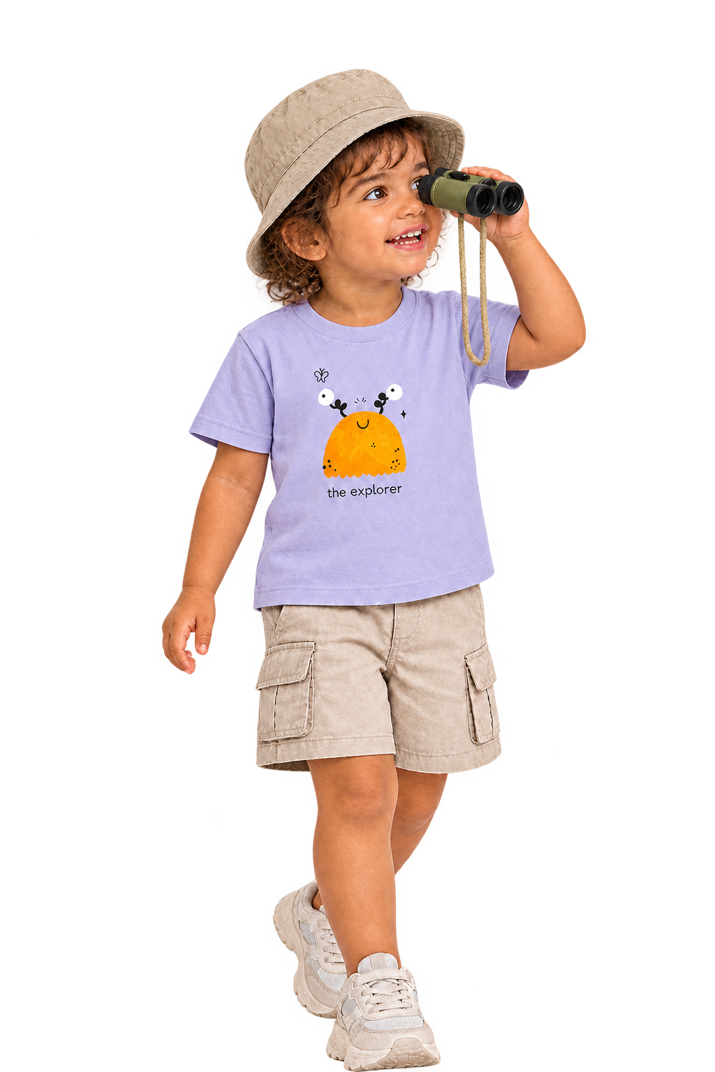 Anaya with binoculars in The explorer tee, hat over crown