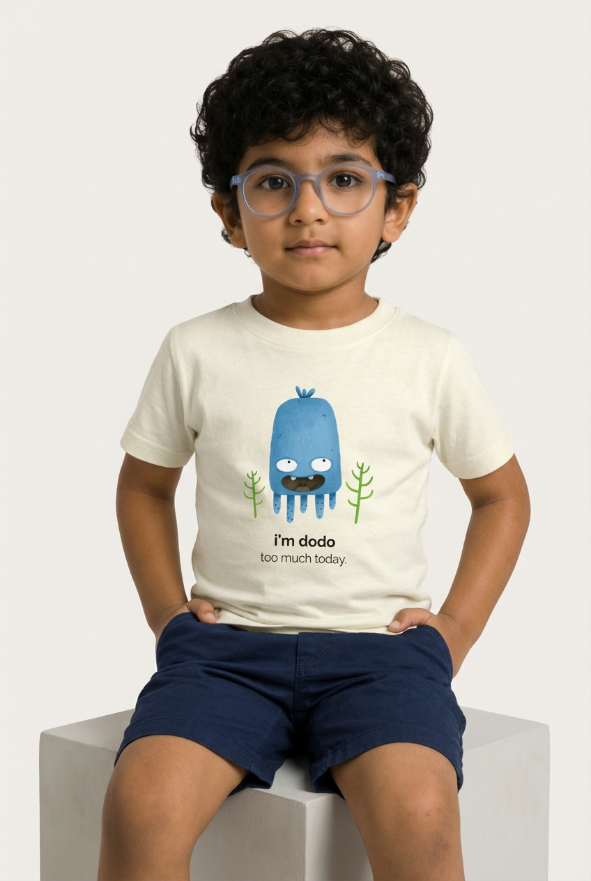 Arav in Dodo tee, closer seated view