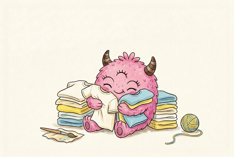 Bloop happily hugging a pile of soft folded cotton tees
