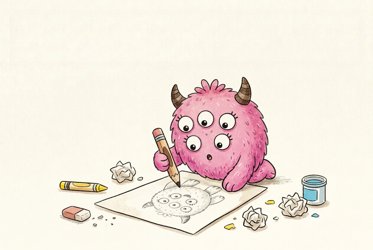 Bloop drawing a pencil sketch of itself, surrounded by crumpled paper
