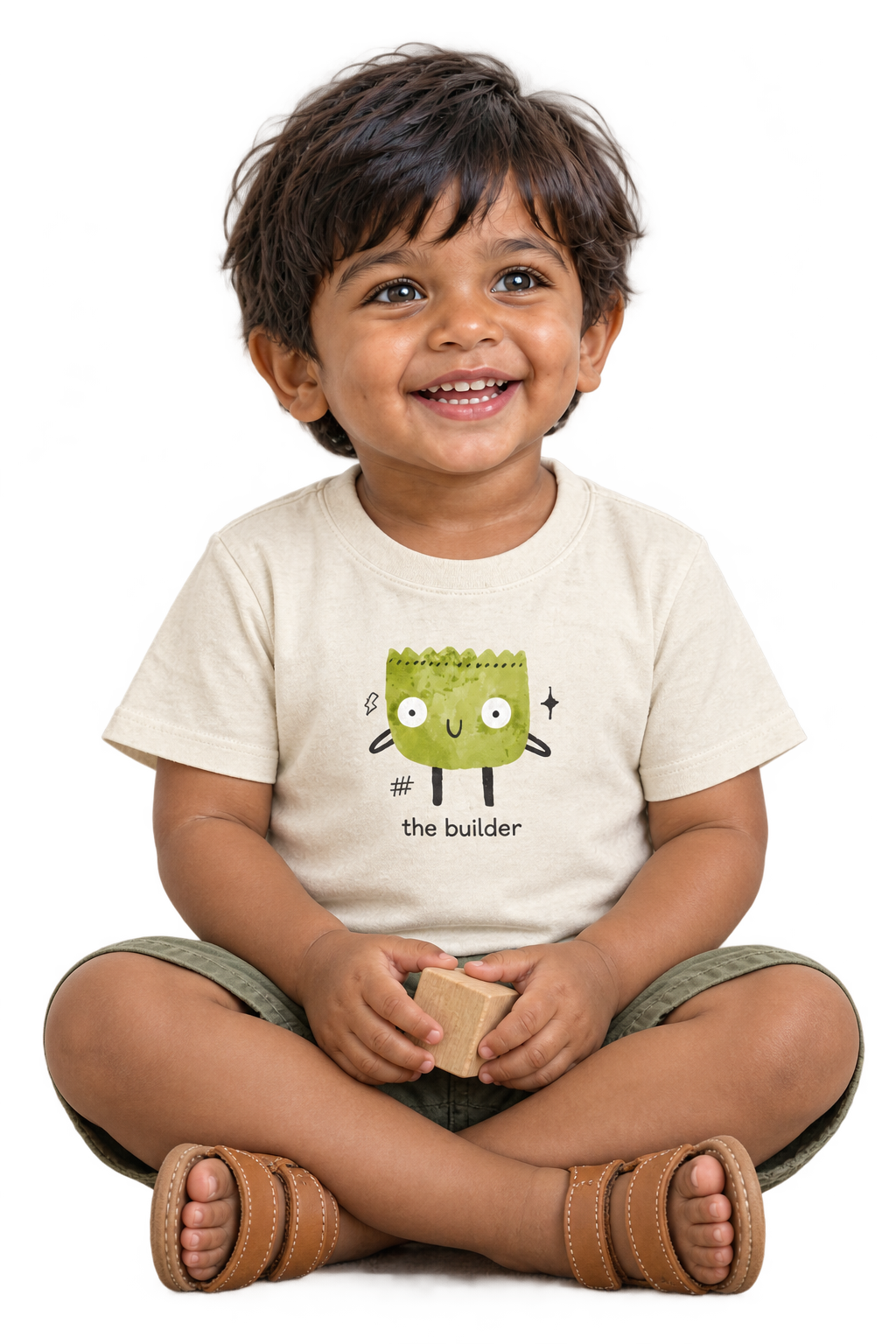 Dev seated with block, The builder
