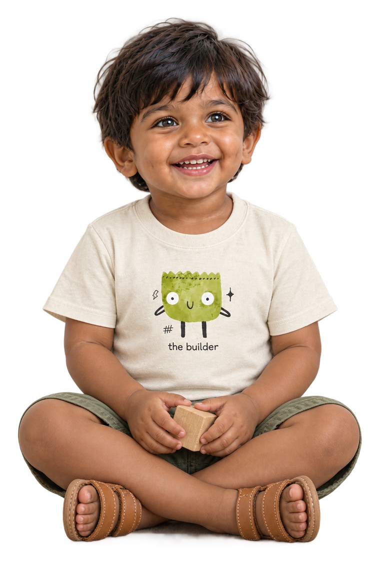 Dev seated with block, The builder