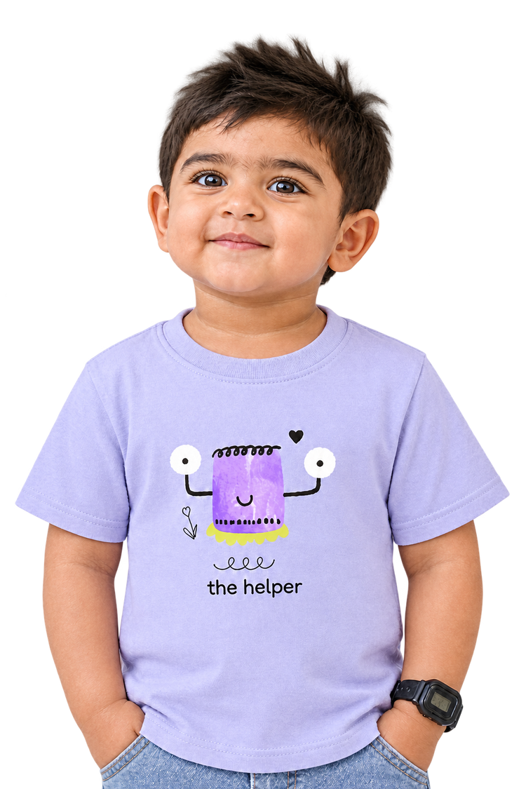 Kabir in the helper tee without cap, close-up