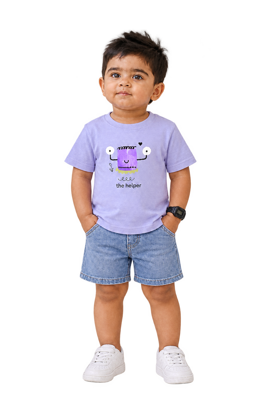 Kabir in the helper tee without cap, front