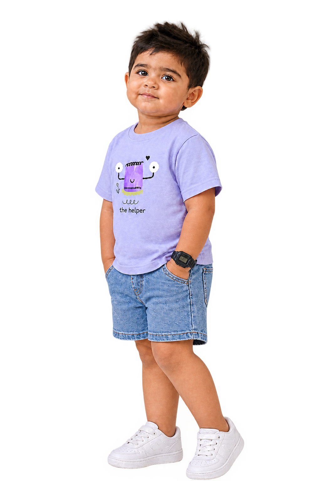 Kabir in the helper tee without cap, three-quarter