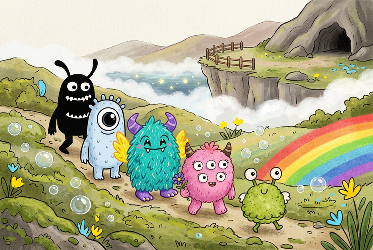 Pomu, Bloop, Furo, Bloo and Zipp walking together along a path into the world of Monsara