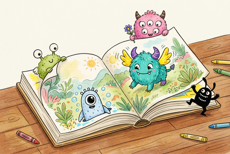 Five Monsara monsters climbing out of an open storybook