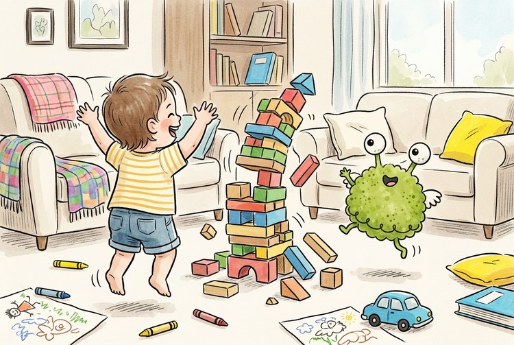 A toddler and Pomu the Posa cheering as a tall block tower comes crashing down in a messy living room