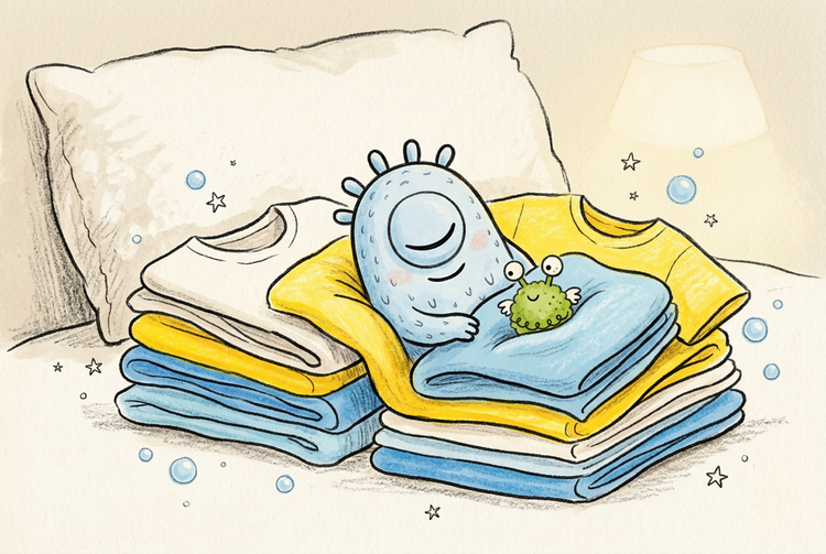 Bloo the Meluga and little Pomu snuggled into a pile of soft folded tees