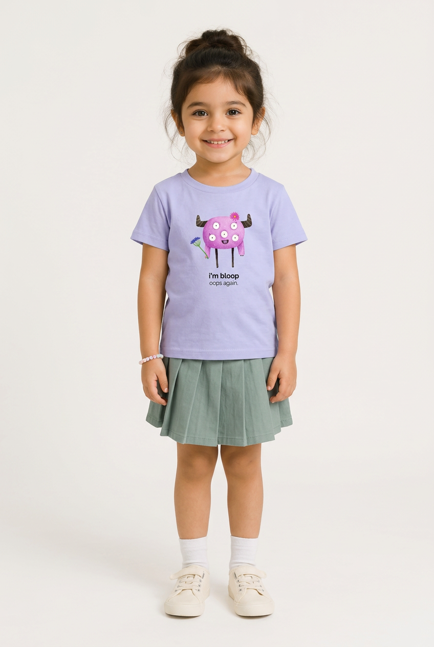 Myra in Bloop tee, front view