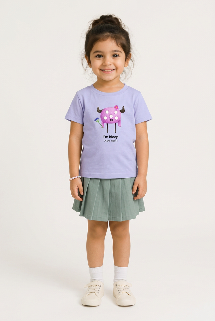 Myra in Bloop tee, front view