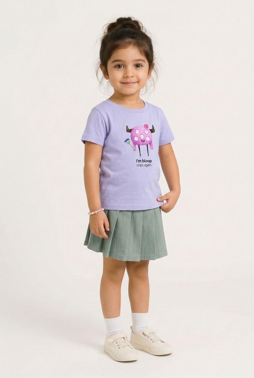 Myra in Bloop tee, three-quarter view