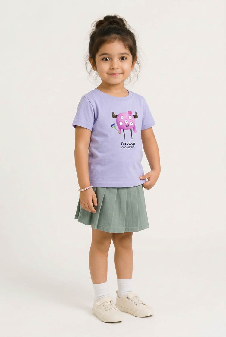 Myra in Bloop tee, three-quarter view