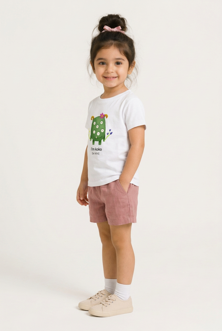 Myra in Koko tee, three-quarter view