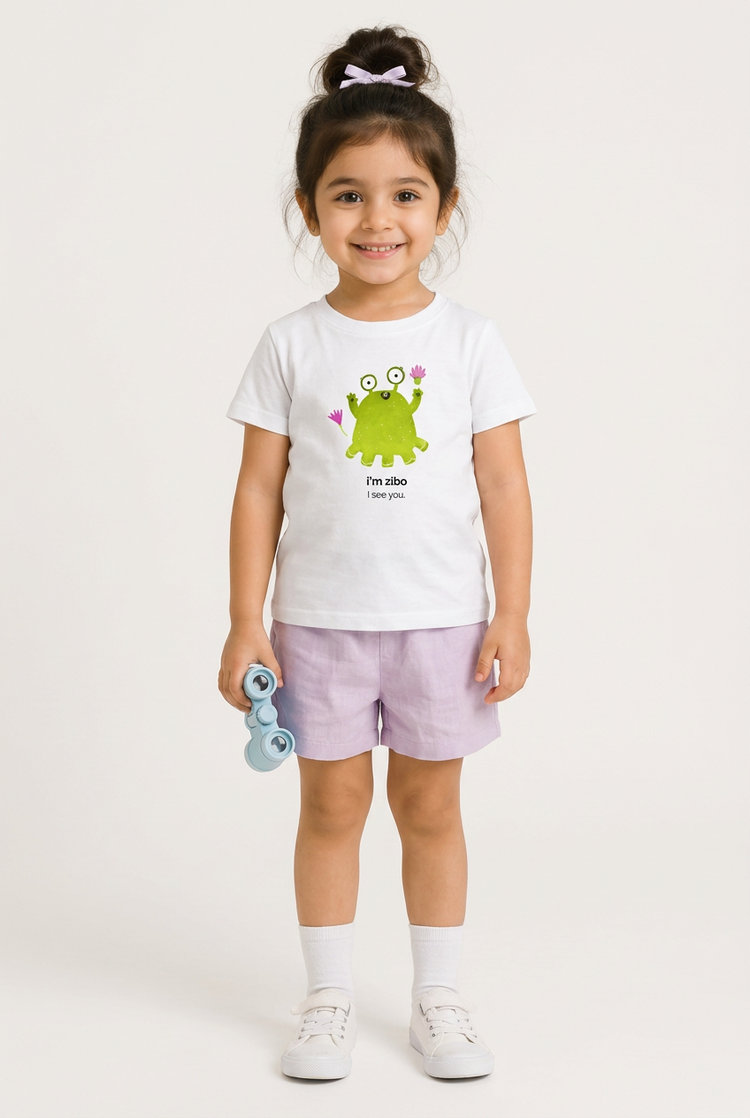 Myra in Zibo tee with binoculars