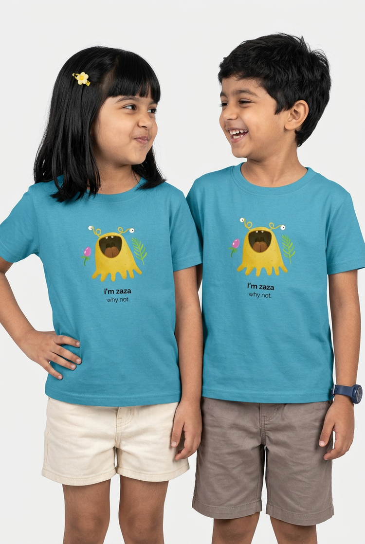 Tara and Vihan in Zaza tees, close together