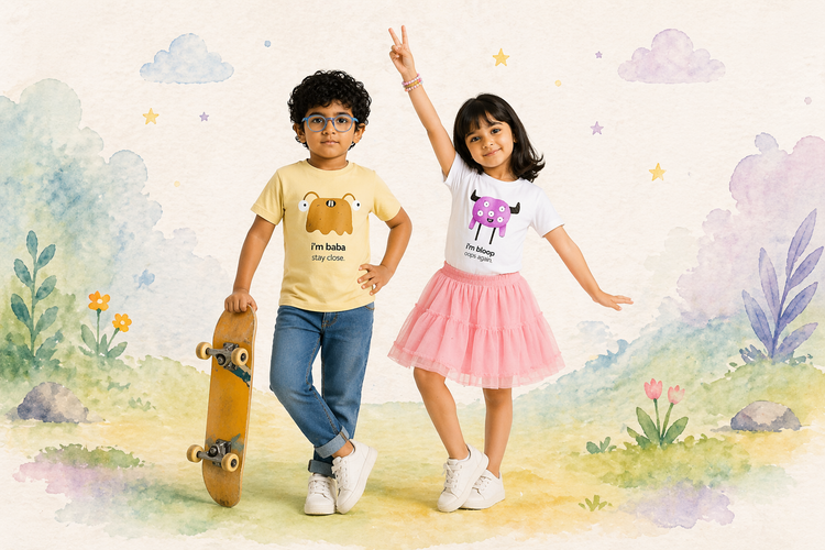 A boy with a skateboard in the I’m Baba tee and a girl in a tutu and the I’m Bloop tee, striking a pose