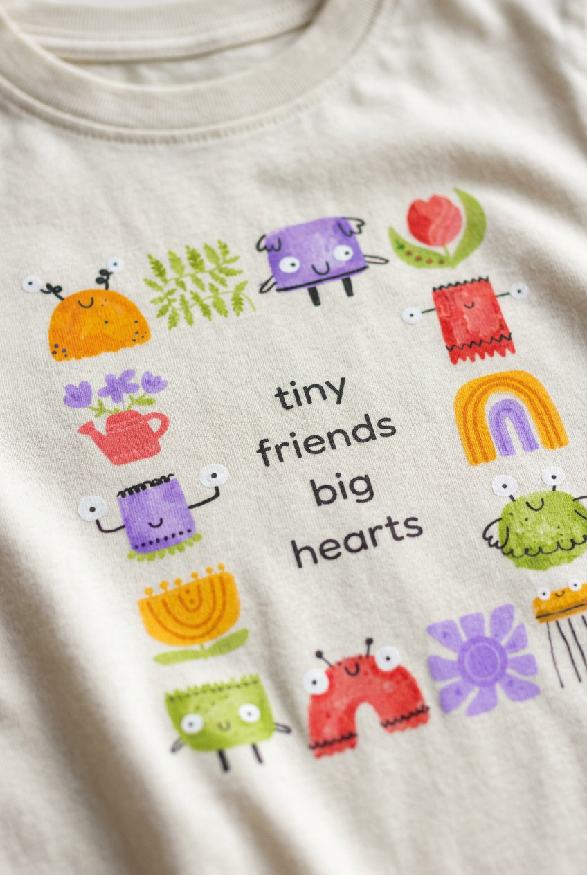 Tiny friends tee, design close-up