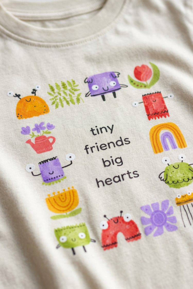 Tiny friends tee, design close-up